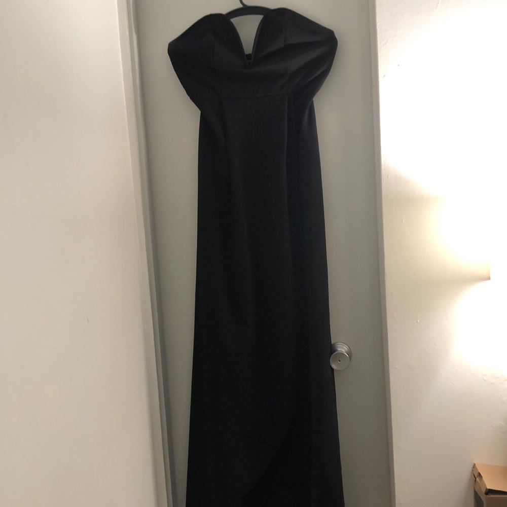 Black, strapless, stretchy dress with slit down the side